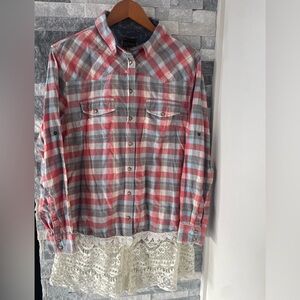 Women's CYNDI BUCK DESIGN Idledale Colorado-Snap Flannel Shirt-Lace Detail-sz XL